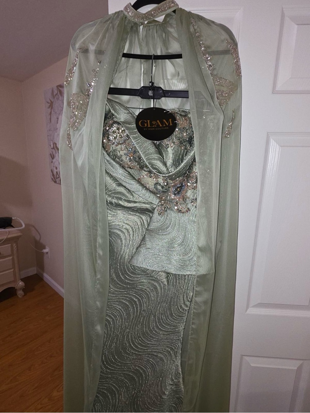 Sage Green Embellished Evening Gown with Draped Cape